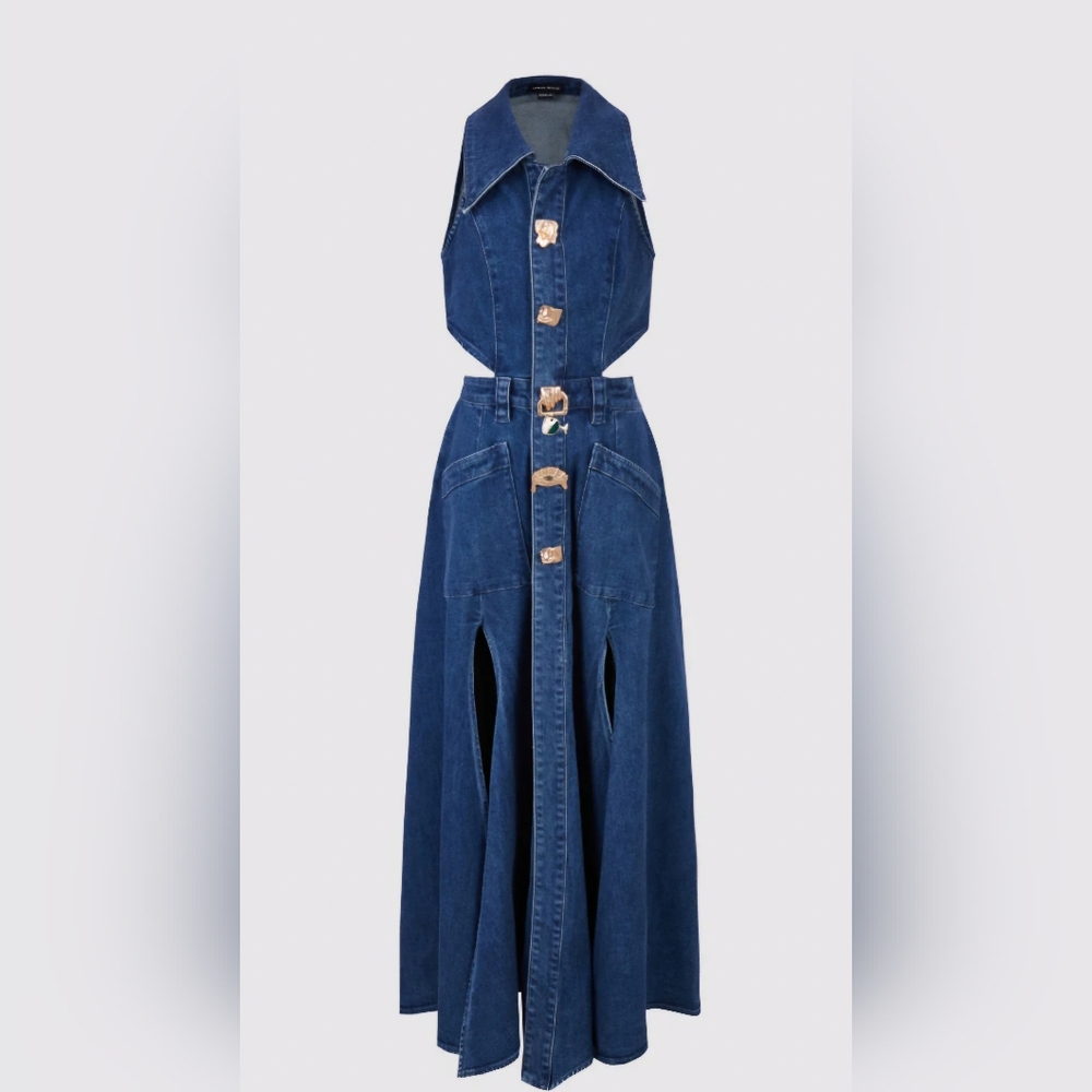Urban Revivo Cutout Sleeveless Lapel Denim Dress